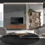 Round coffee table in porcelain marble, walnut and black steel