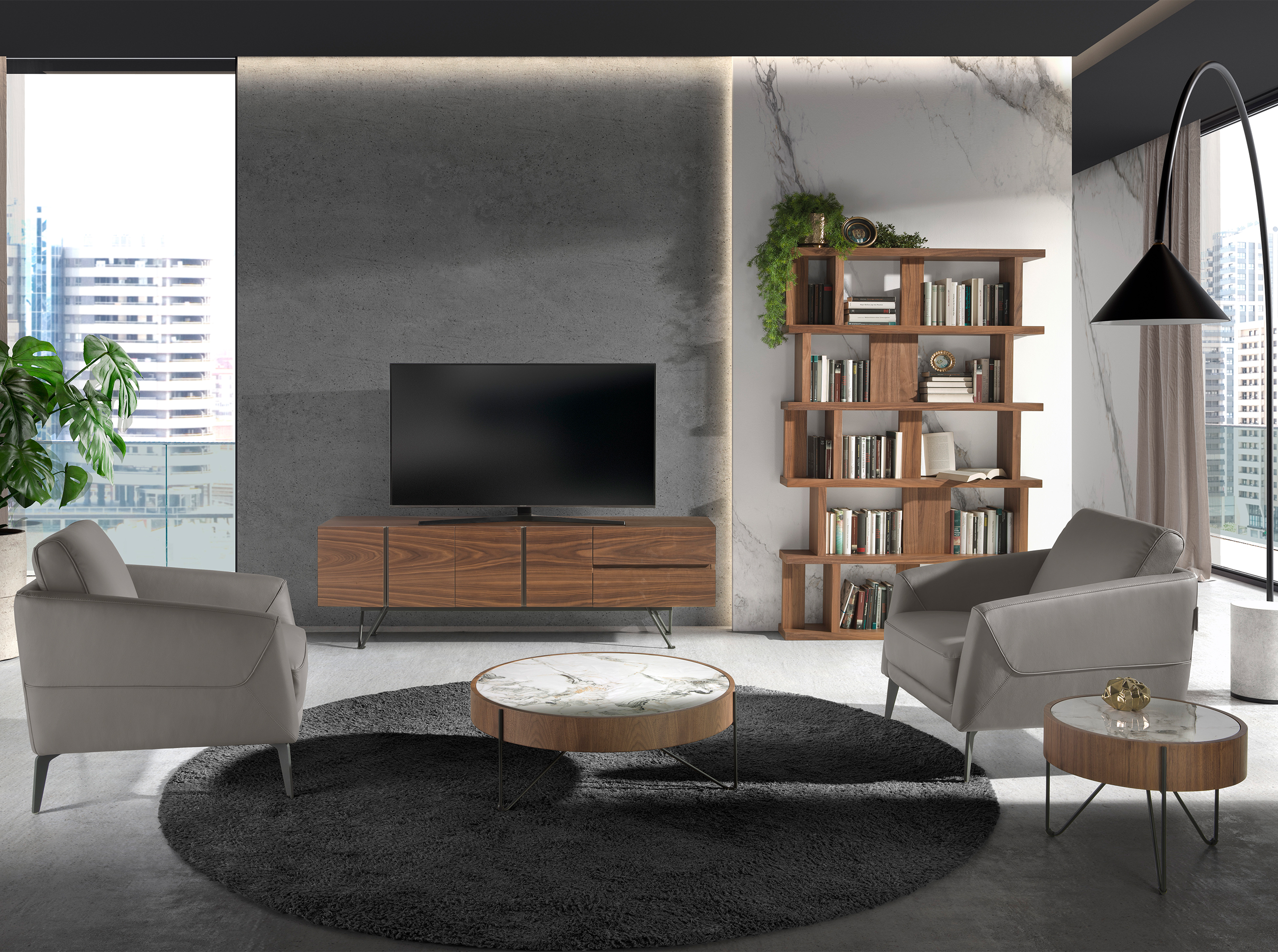 Round coffee table in porcelain marble, walnut and black steel Round coffee table in porcelain marble, walnut and black steel
