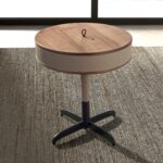 Round corner table leather, walnut and grey steel