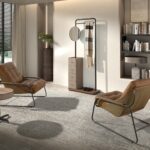Round corner table leather, walnut and grey steel