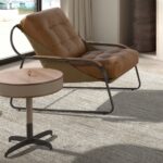 Round corner table leather, walnut and grey steel