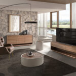 Tavolino da caffè rotondo in noce e legno rivestito in similpelle color sabbia