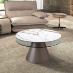 Table basse extensible ronde en verre trempé, marbre céramique et acier gris argenté
