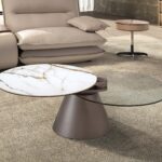 Table basse extensible ronde en verre trempé, marbre céramique et acier gris argenté