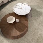 Table basse extensible ronde en verre trempé, marbre céramique et acier gris argenté