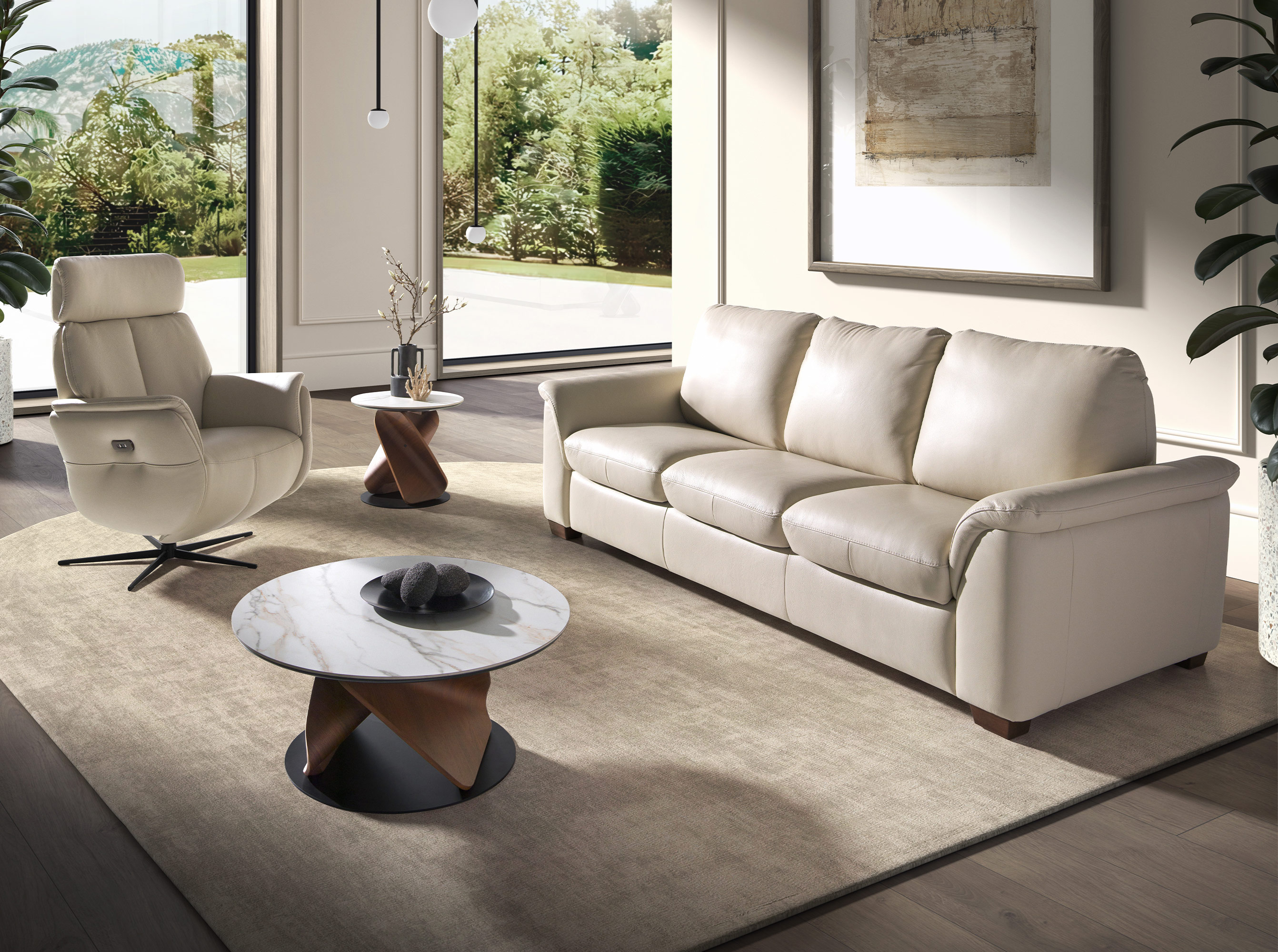 Round Porcelain Marble, Walnut and Black Steel Side Table Round Porcelain Marble, Walnut and Black Steel Side Table