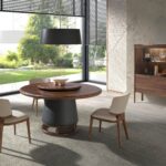 Buffet haut en noyer avec plateau en verre imitation marbre et éclairage intérieur