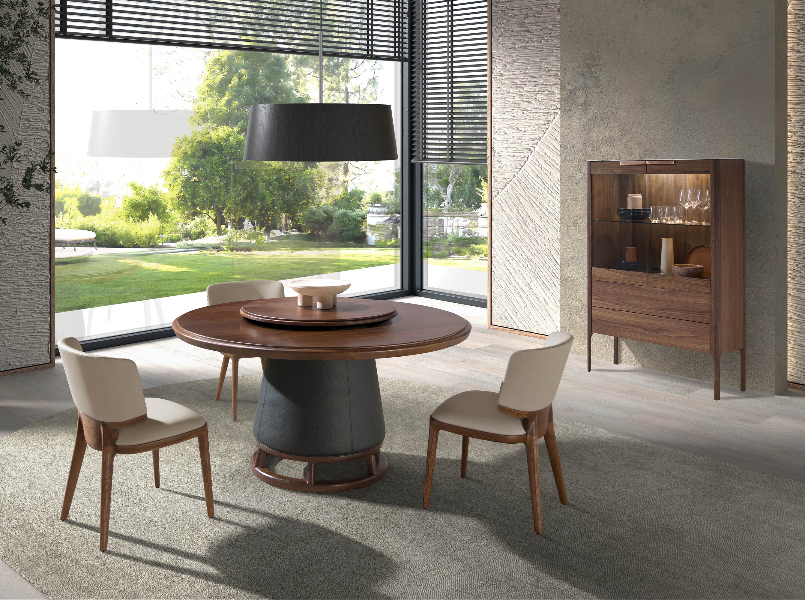 Buffet haut en noyer avec plateau en verre imitation marbre et éclairage intérieur Buffet haut en noyer avec plateau en verre imitation marbre et éclairage intérieur