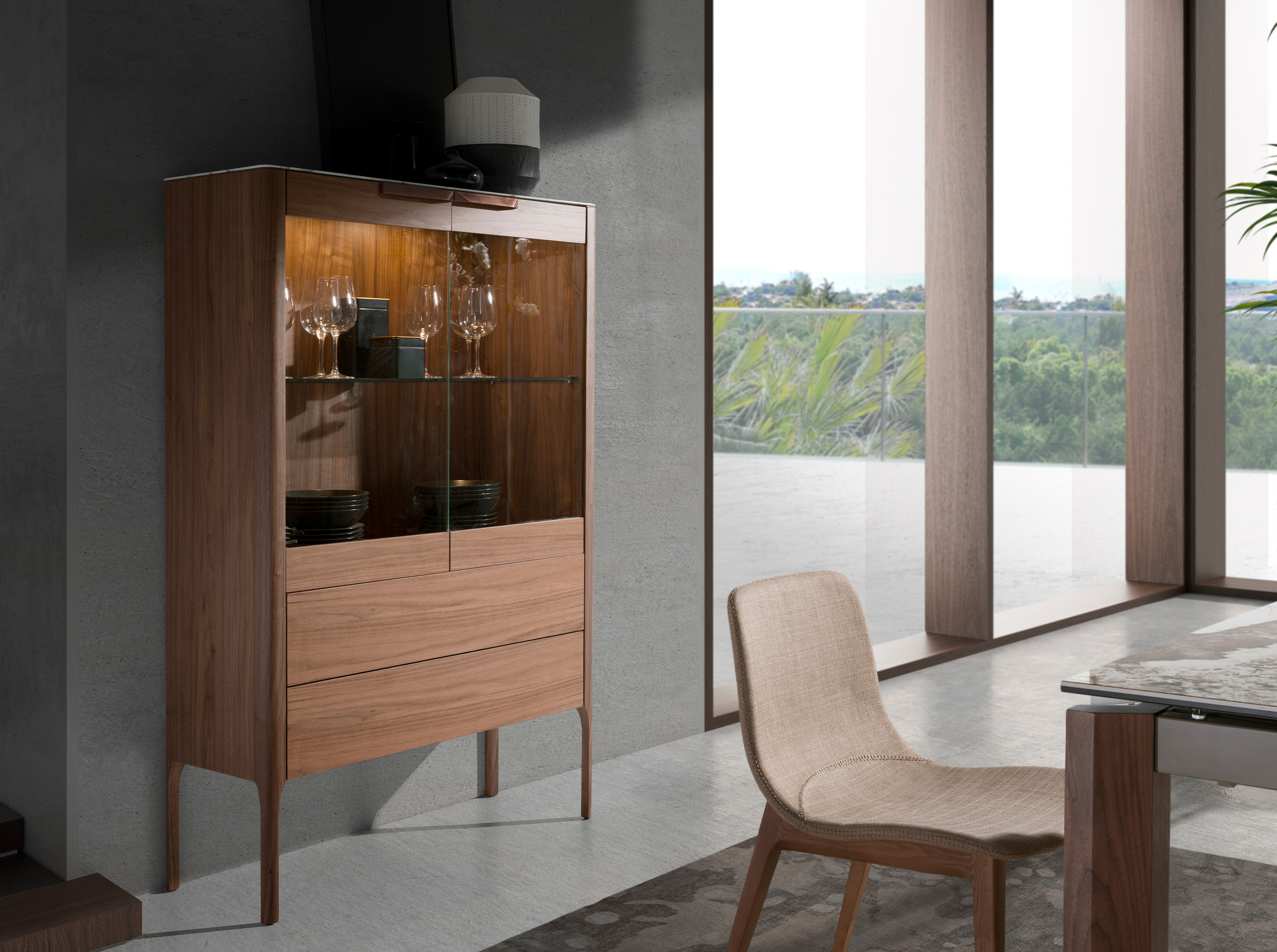 Buffet haut en noyer avec plateau en verre imitation marbre et éclairage intérieur Buffet haut en noyer avec plateau en verre imitation marbre et éclairage intérieur
