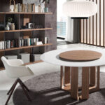 Estantería de madera nogal con laterales lacados y acero negro