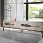 Meuble TV en bois gris et noyer avec éclairage intérieur