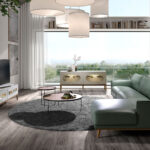 Meuble TV en bois gris et noyer avec éclairage intérieur