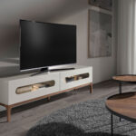 Meuble TV en bois gris et noyer avec éclairage intérieur