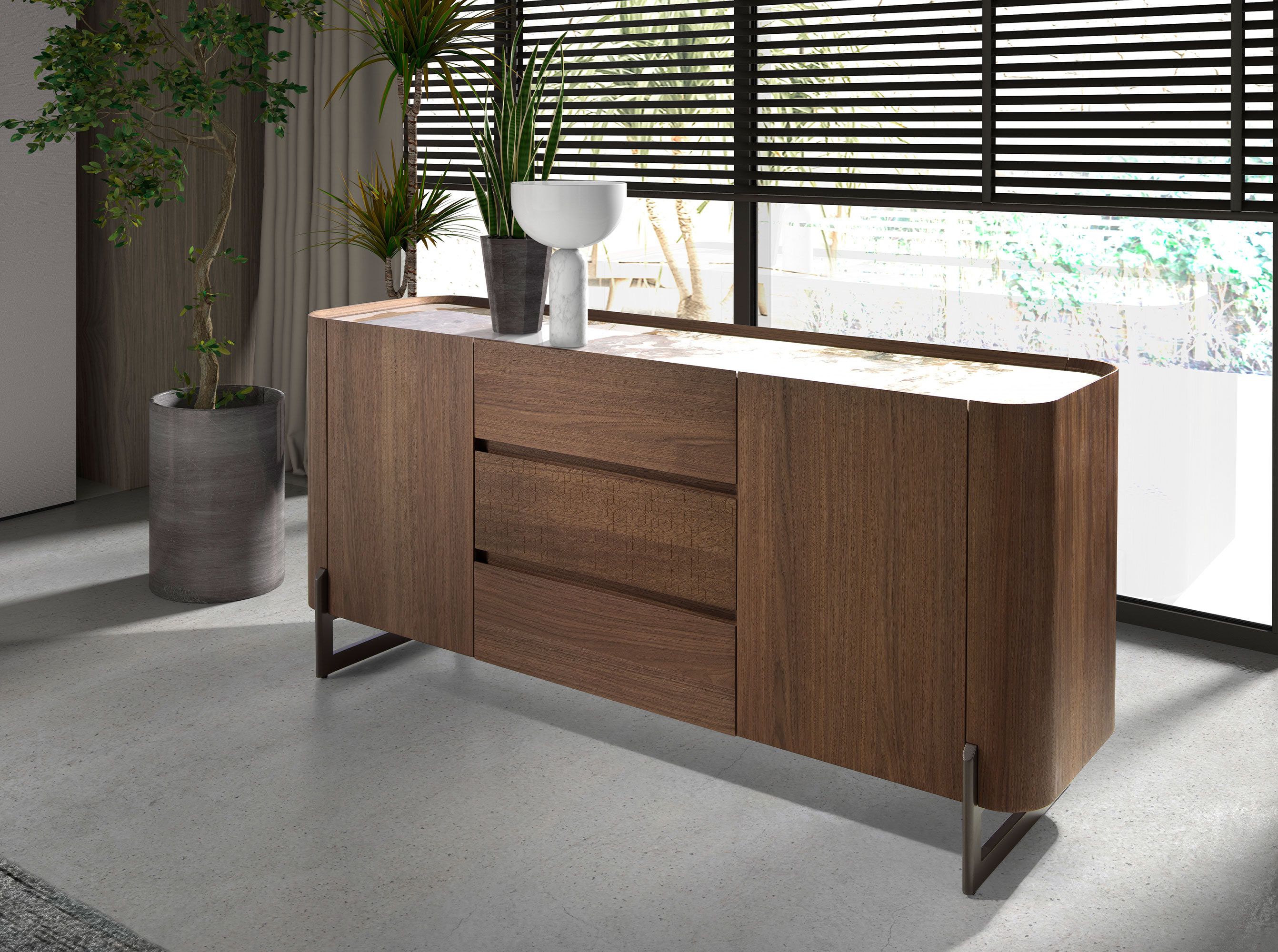 Credenza in noce e acciaio metallizzato scuro con piano in marmo porcellanato Credenza in noce e acciaio metallizzato scuro con piano in marmo porcellanato