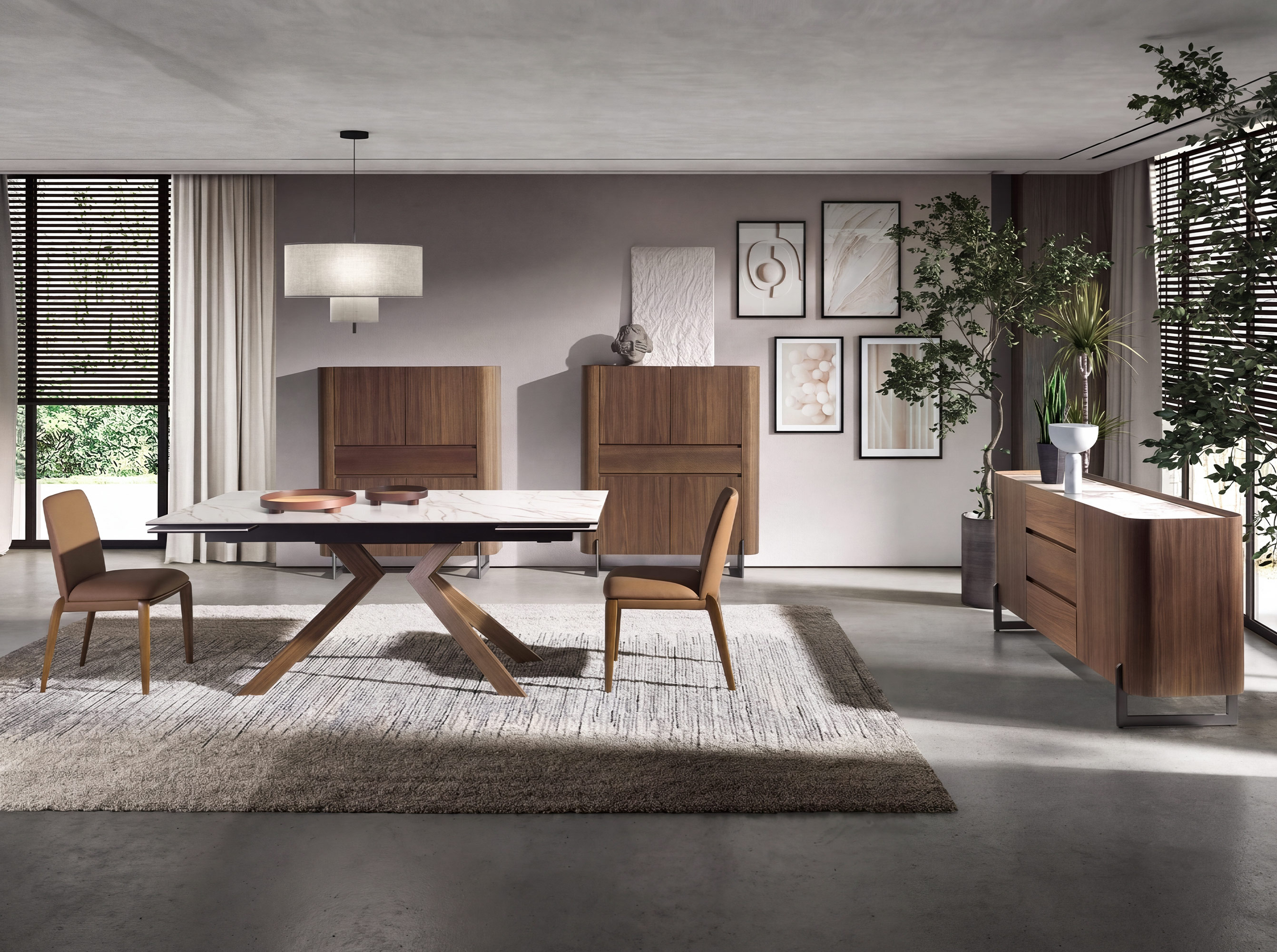 Credenza in noce e acciaio metallizzato scuro con piano in marmo porcellanato Credenza in noce e acciaio metallizzato scuro con piano in marmo porcellanato