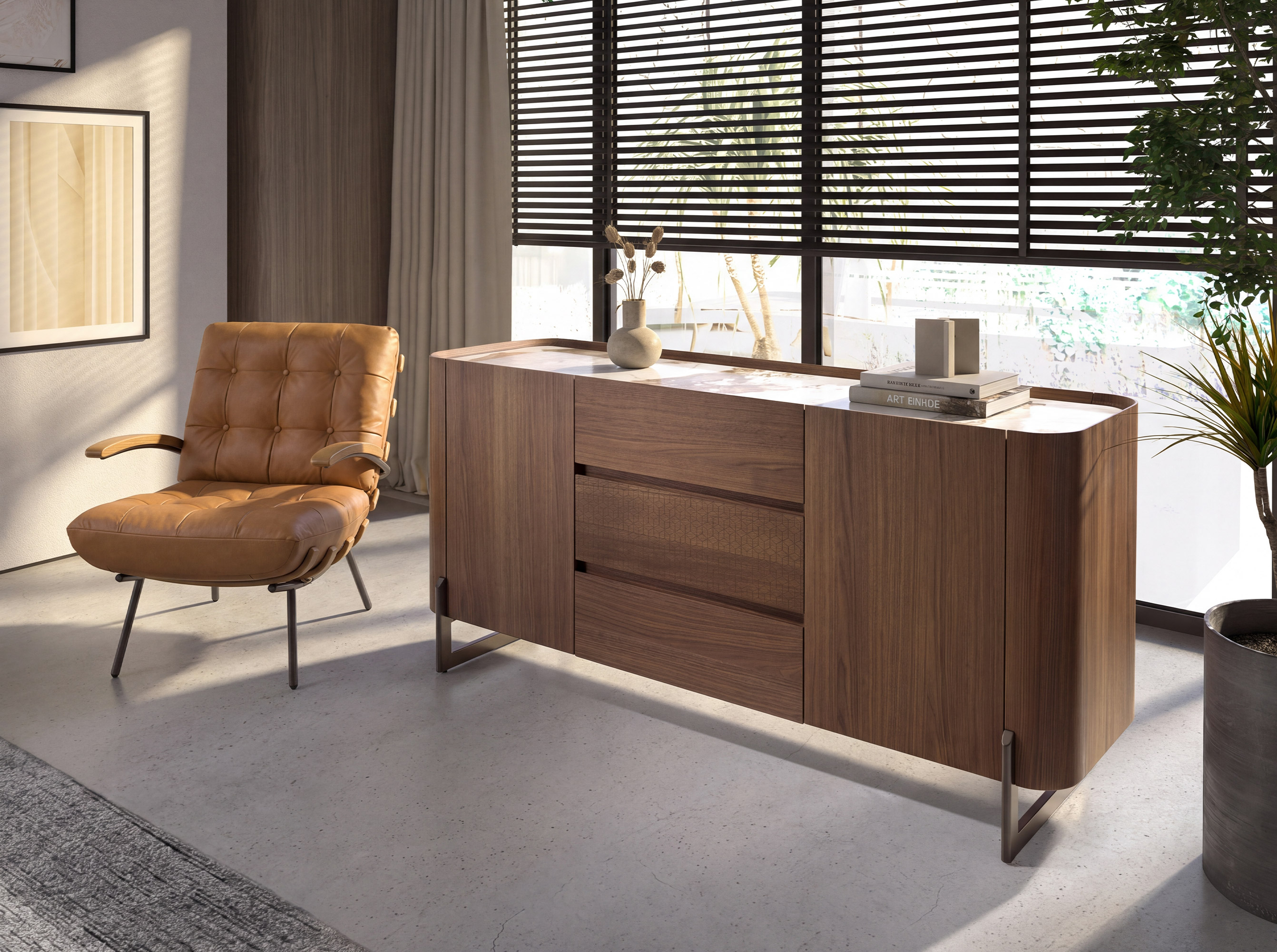 Credenza in noce e acciaio metallizzato scuro con piano in marmo porcellanato Credenza in noce e acciaio metallizzato scuro con piano in marmo porcellanato