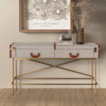 Rechteckiger Konsolentisch, Stoff, Nussbaum und polierter Goldstahl