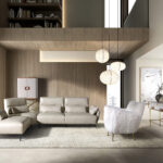 Buffet haut, tissu, noyer et acier poli doré