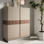 High sideboard leather, walnut and polished steel
