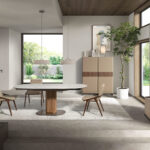 High sideboard leather, walnut and polished steel