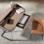 Coiffeuse en similicuir, noyer et acier gris