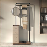 Mink leather, walnut and black steel coat rack with mirror
