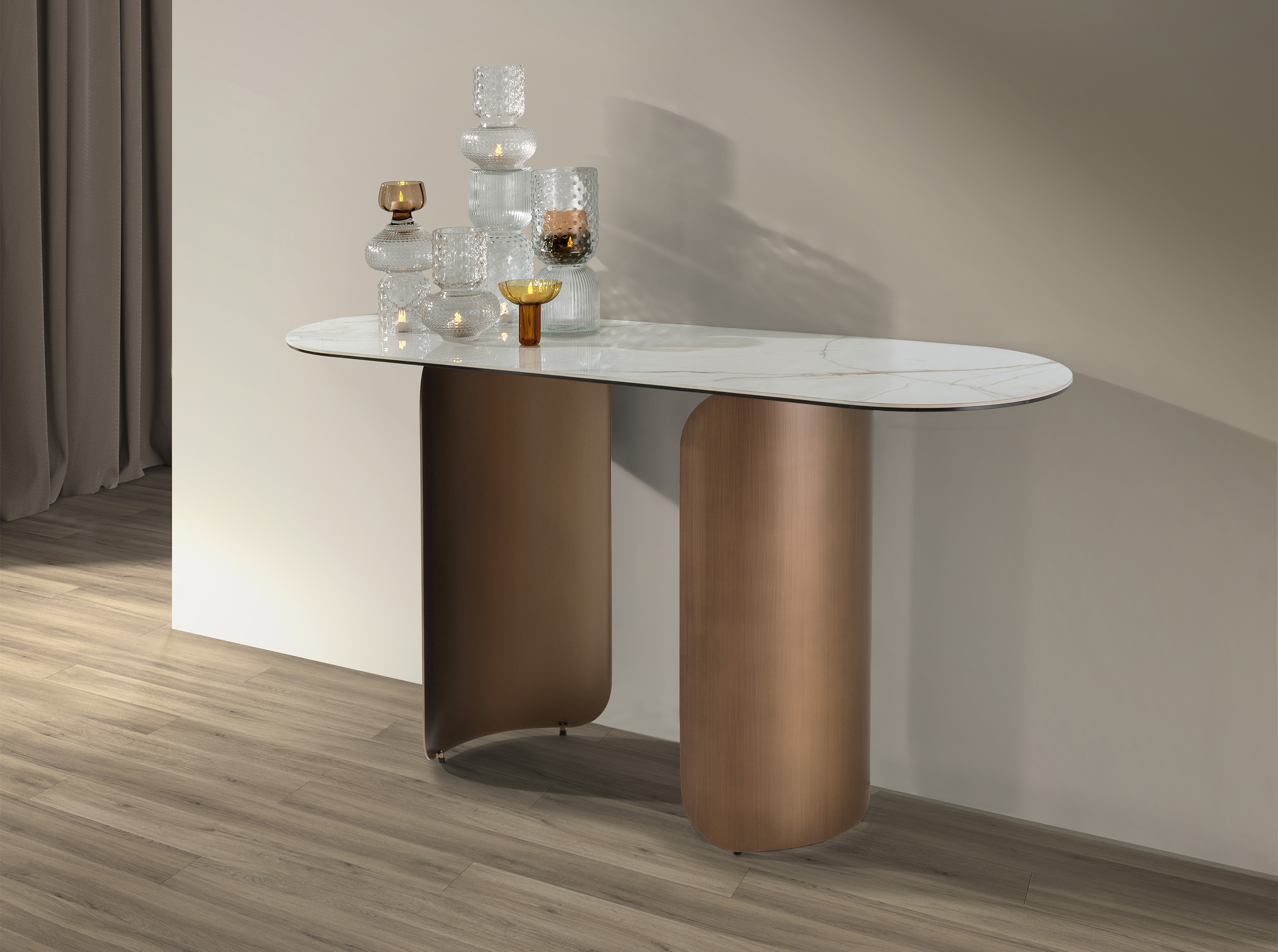 Console ovale en demi-cercle en marbre porcelainé et acier couleur bronze Console ovale en demi-cercle en marbre porcelainé et acier couleur bronze