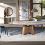 Oval half-round console table in porcelain marble and bronze-coloured steel