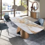 Oval half-round console table in porcelain marble and bronze-coloured steel