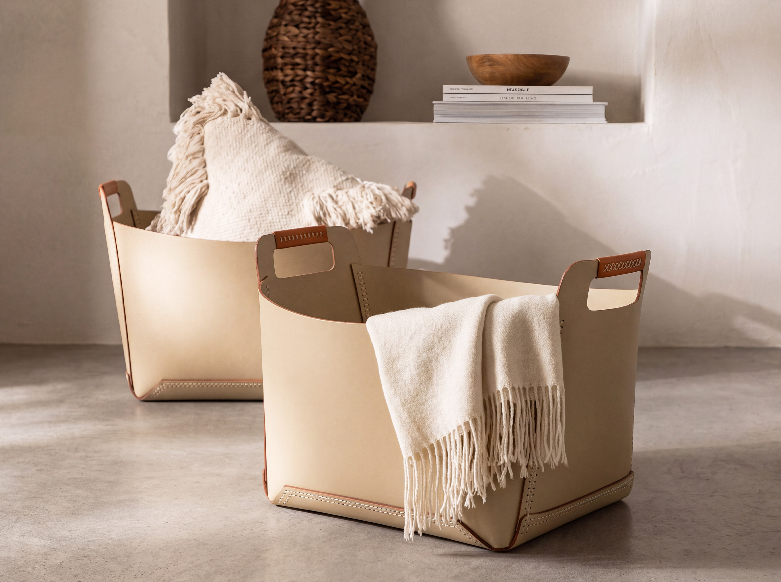 Cesta contenitore decorativa rettangolare in pelle rigenerata color sabbia con maniglie Cesta contenitore decorativa rettangolare in pelle rigenerata color sabbia con maniglie