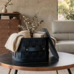 Cesto portaoggetti decorativo quadrato in pelle rigenerata blu scuro con coperchio