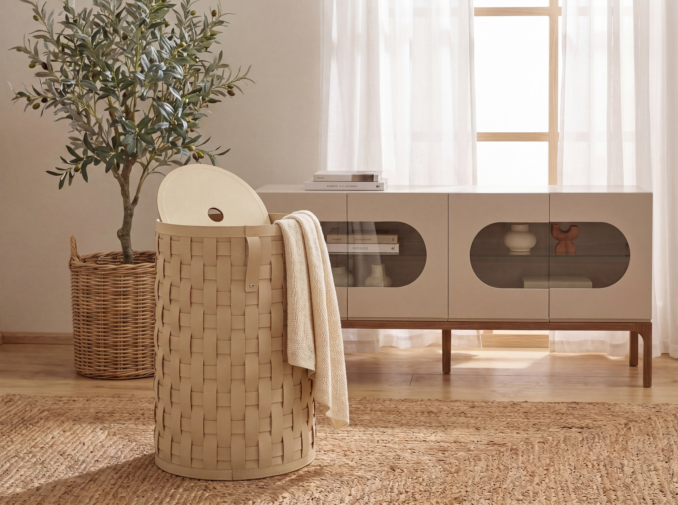 Cesto portaoggetti decorativo cilindrico in pelle rigenerata color sabbia con coperchio Cesto portaoggetti decorativo cilindrico in pelle rigenerata color sabbia con coperchio