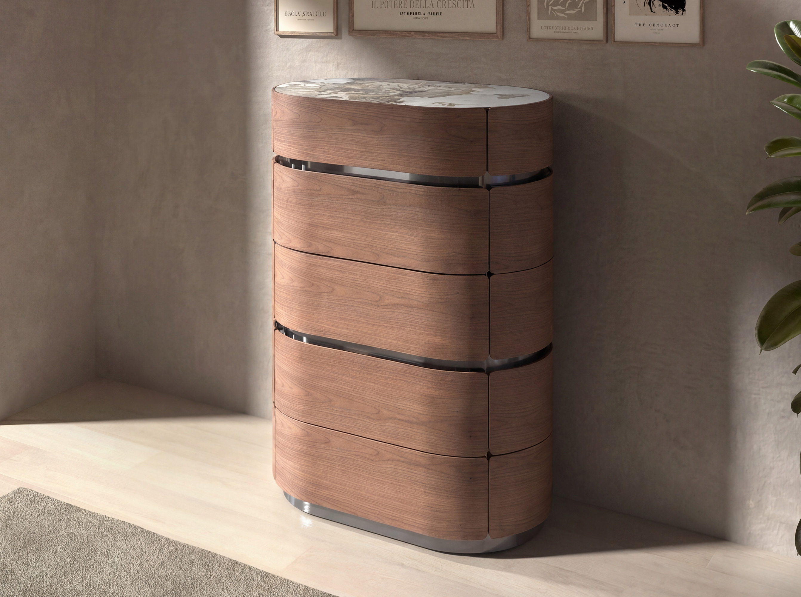 Chiffonnier en noyer avec base en acier foncé et plateau en marbre céramique Chiffonnier en noyer avec base en acier foncé et plateau en marbre céramique
