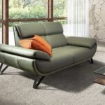 Olive green leather 2-seater sofa