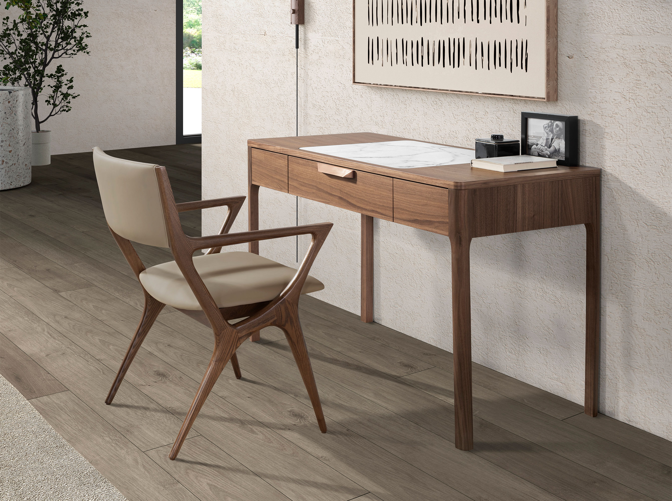 Comodino in noce con piano in vetro effetto marmo bianco e grigio lucido Comodino in noce con piano in vetro effetto marmo bianco e grigio lucido