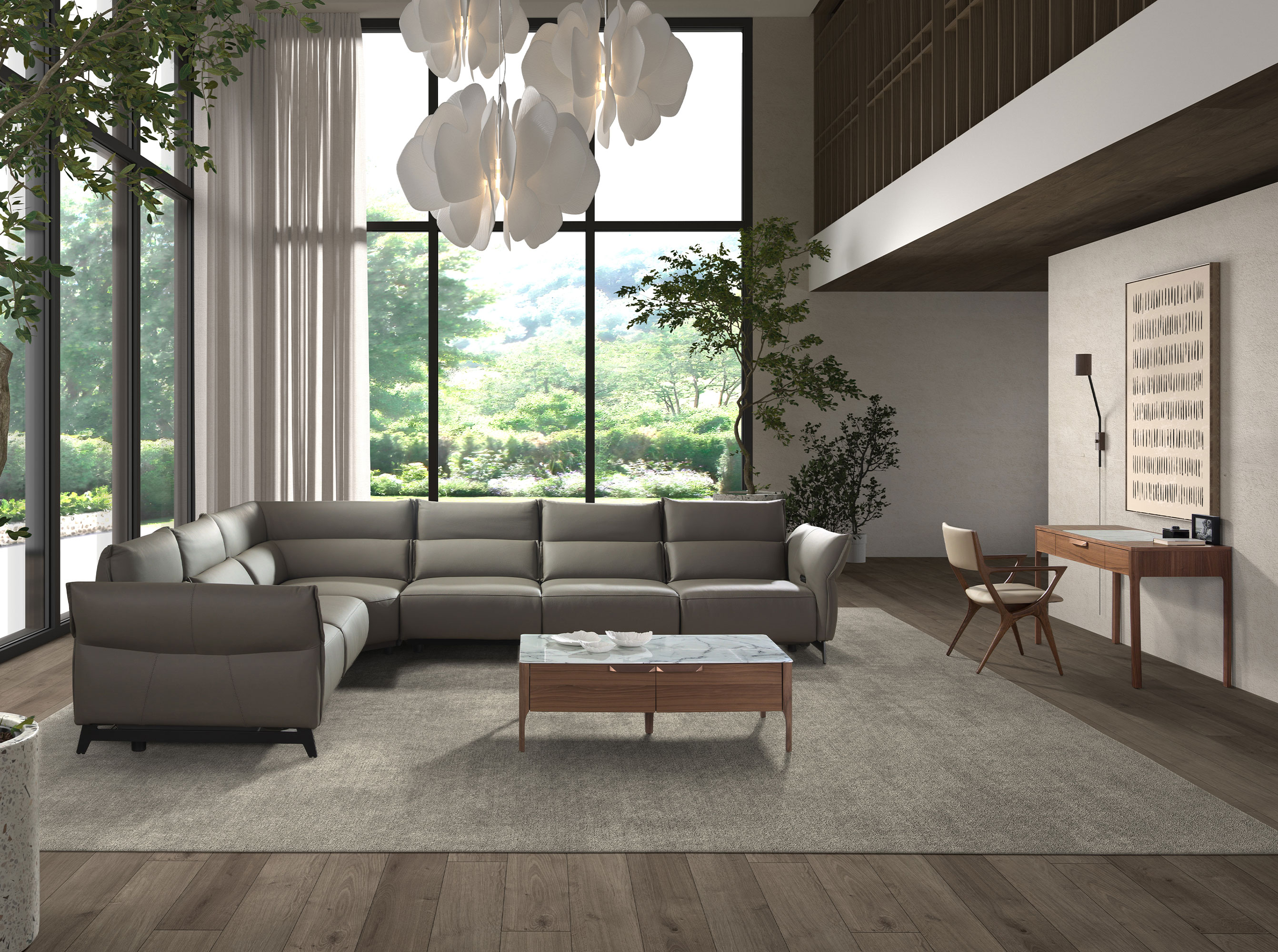 Comodino in noce con piano in vetro effetto marmo bianco e grigio lucido Comodino in noce con piano in vetro effetto marmo bianco e grigio lucido