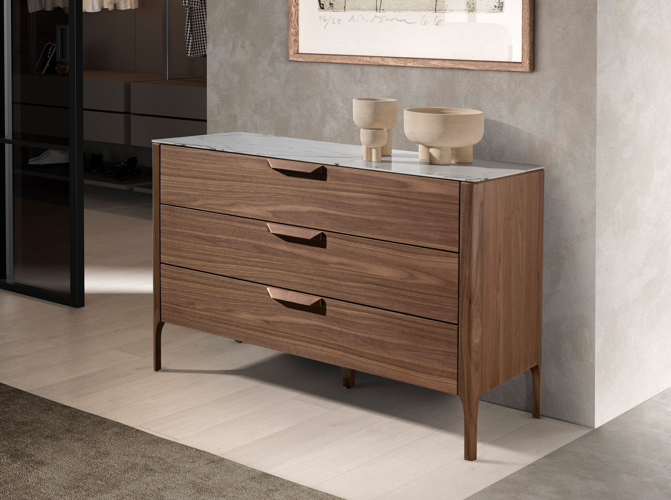 Walnut chest of drawers with marble-effect glass top Walnut chest of drawers with marble-effect glass top