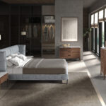 Walnut chest of drawers with marble-effect glass top