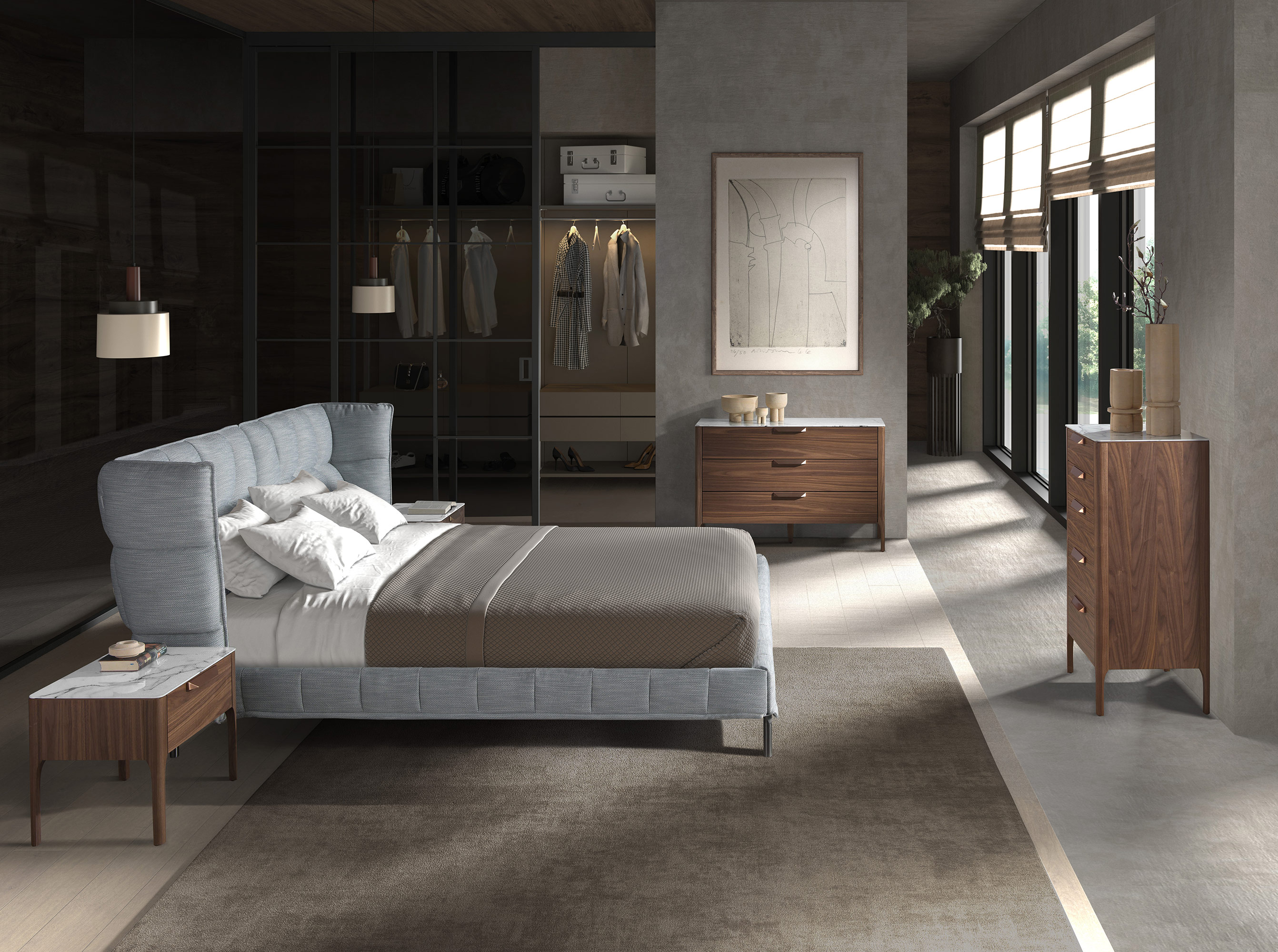 Walnut chest of drawers with marble-effect glass top Walnut chest of drawers with marble-effect glass top