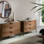 Walnut chest of drawers with marble-effect glass top