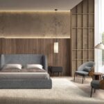 Comodino in legno grigio scuro opaco, acciaio nero e piano in noce