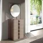 Chiffonier en cuir, noyer, acier gris et plateau en verre fumé brun avec miroir