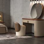 Escritorio tocador polipiel, nogal y madera tapizada en polipiel visón