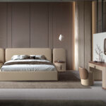 Escritorio tocador polipiel, nogal y madera tapizada en polipiel visón