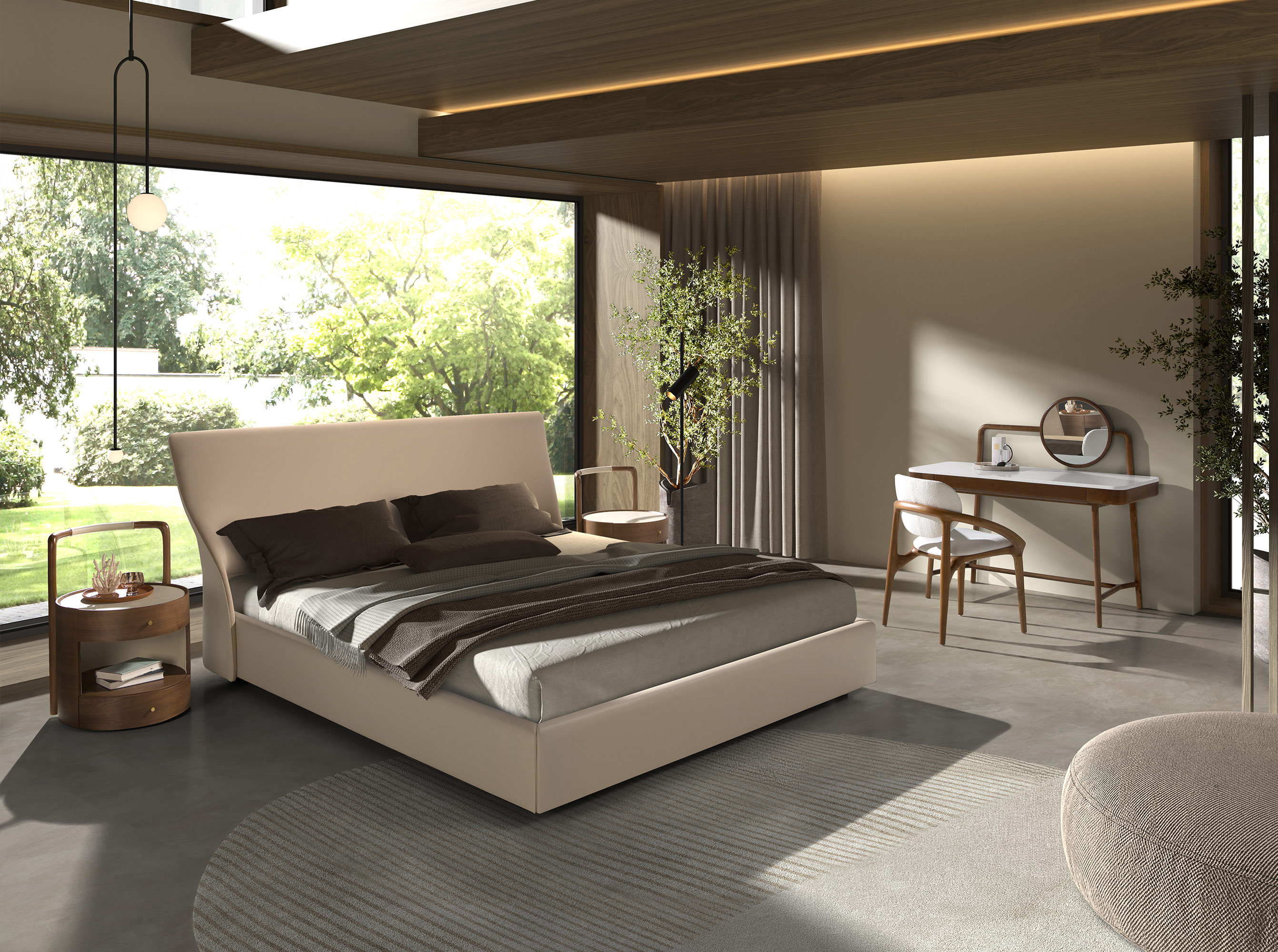 Bett aus braunem Samt und Kunstleder in Cremefarbe Bett aus braunem Samt und Kunstleder in Cremefarbe