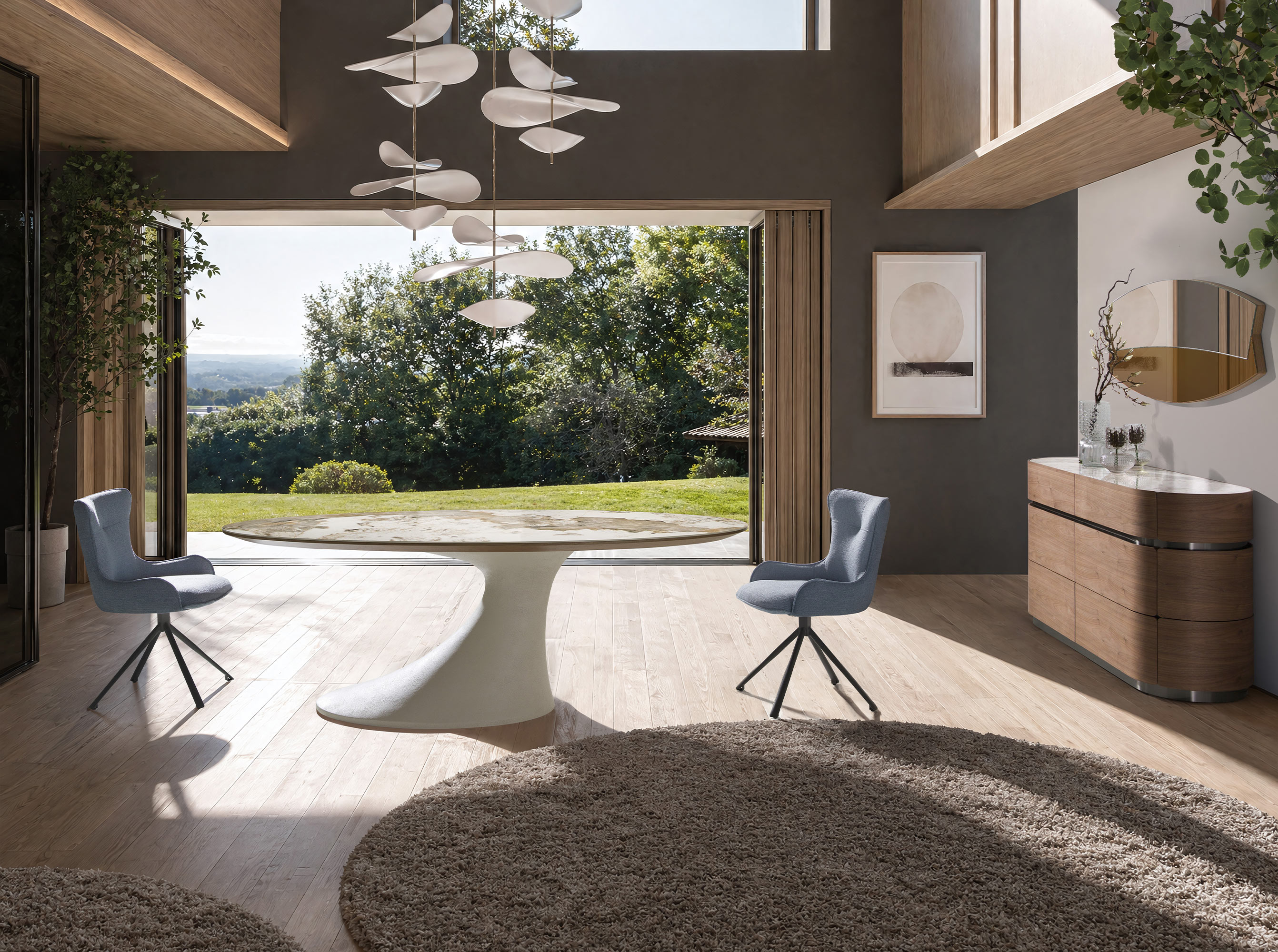 Commode en noyer, base en acier foncé et plateau en marbre céramique Commode en noyer, base en acier foncé et plateau en marbre céramique