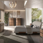 Commode en noyer, base en acier foncé et plateau en marbre céramique
