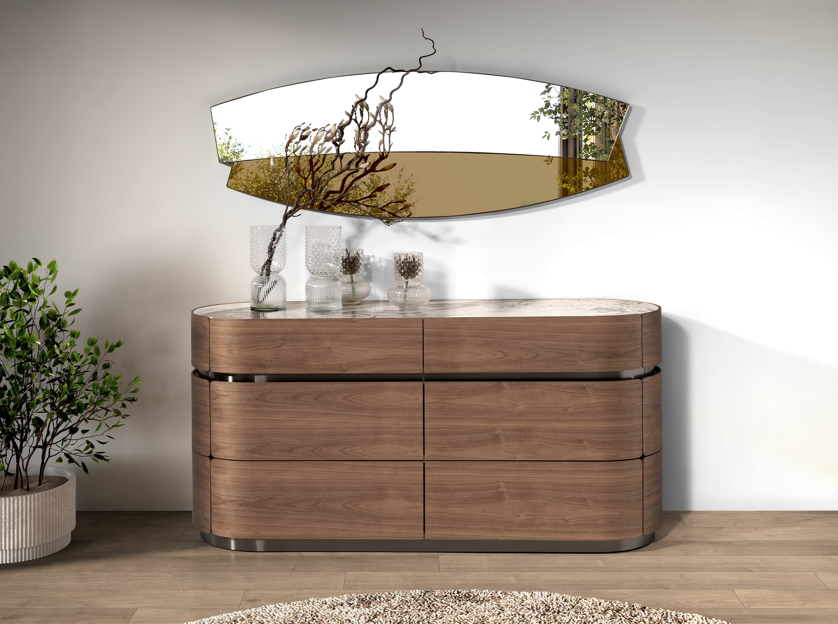 Commode en noyer, base en acier foncé et plateau en marbre céramique Commode en noyer, base en acier foncé et plateau en marbre céramique