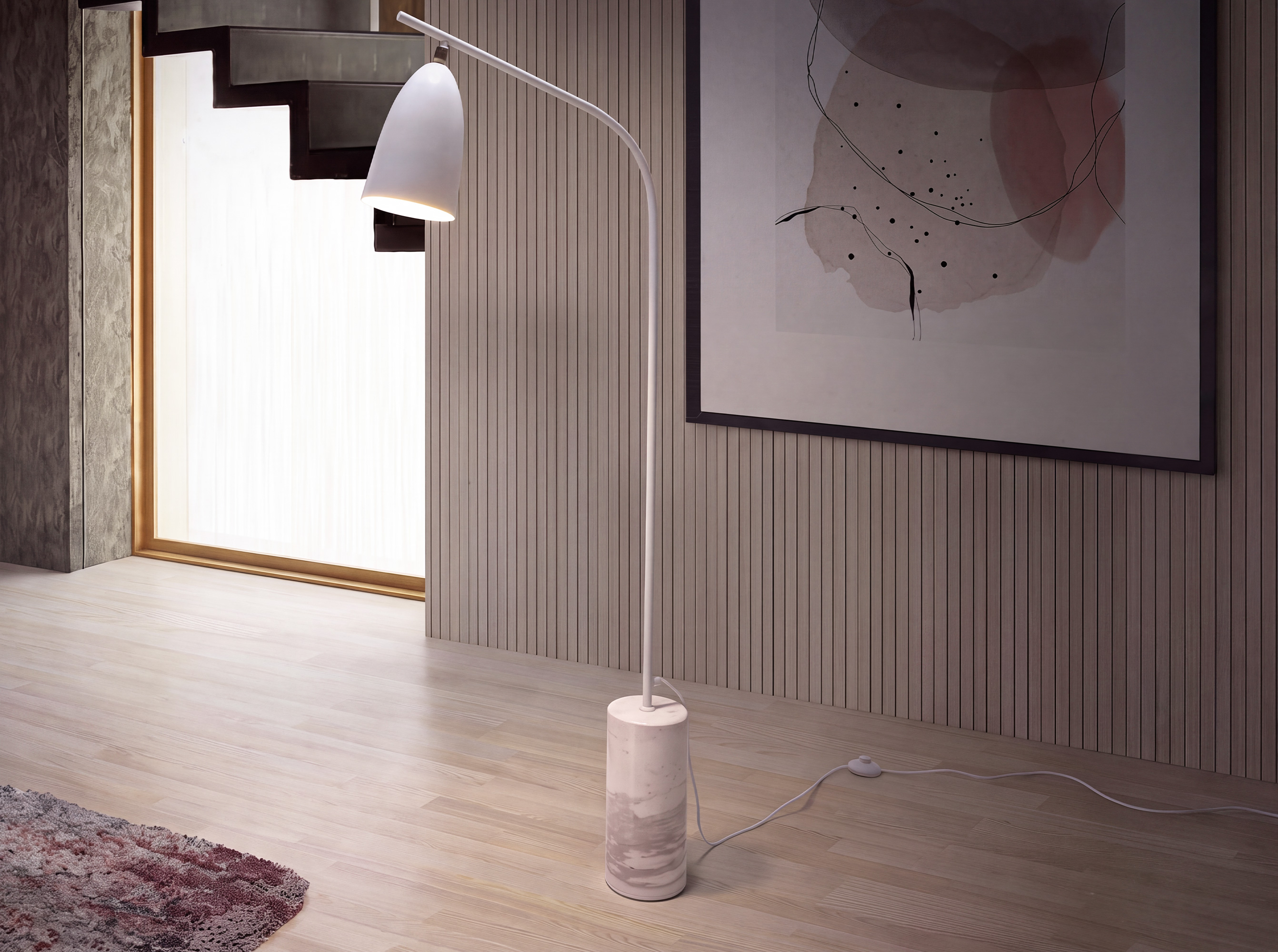 Lámpara pie acero blanco con base de mármol porcelánico Lámpara pie acero blanco con base de mármol porcelánico