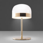 Lámpara de sobremesa en acero dorado y pantalla de cristal translúcido